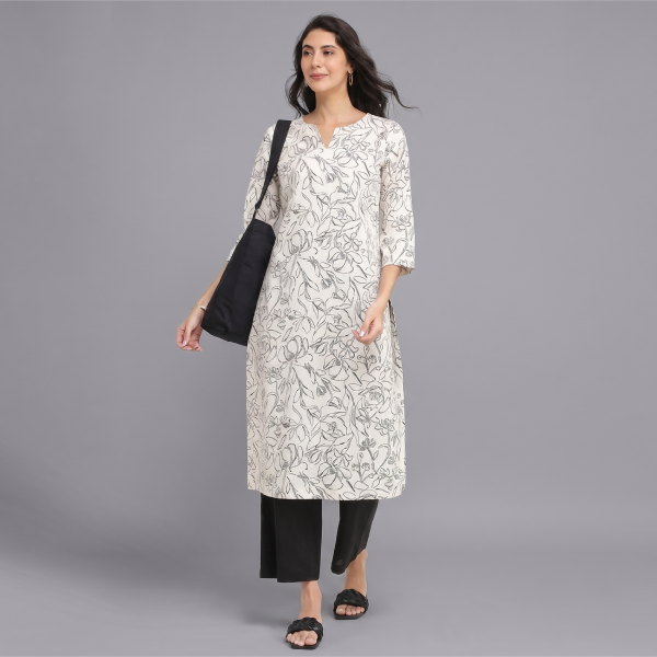 Soft Sage Floral Printed Kurta with Contrast Scalloped Lace
