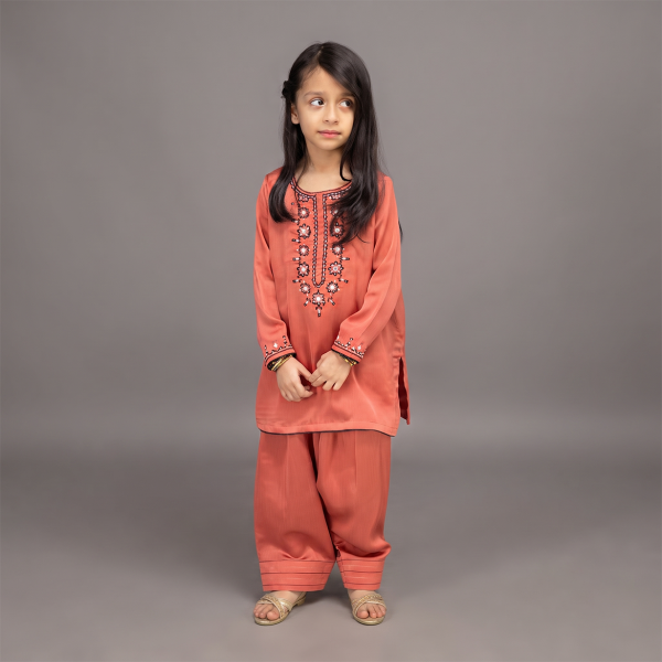 Rust Orange Embroidered Kurta & Shalwar Set