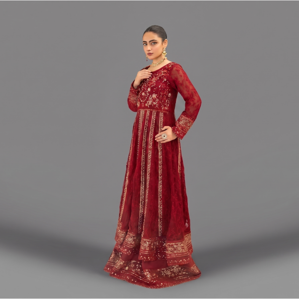Manahil Embroidered Maroon 3-Piece Festive Organza Sharara Set