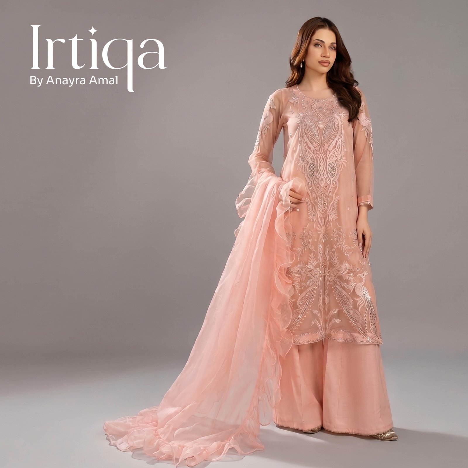 Blush Serenity Ruffled Organza Formal Suit with Intricate Embroidery