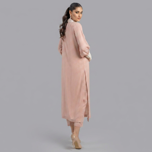 Soft Blush Rose Long Tunic with Lace Accents and Potli Buttons