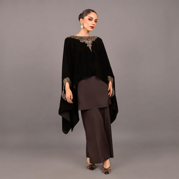 Opulent Black Embroidered Cape Set