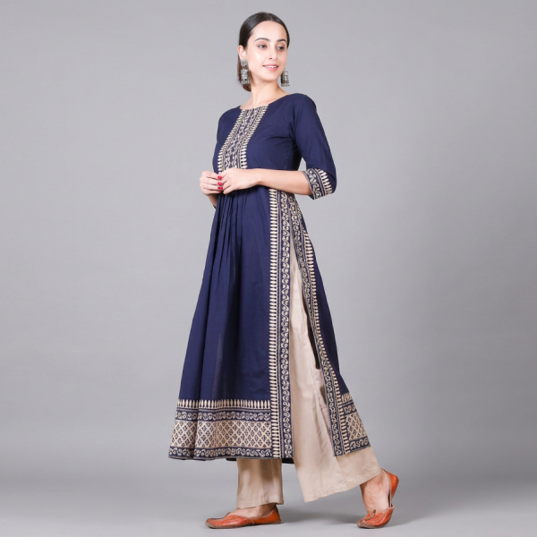 Regal Indigo Blue Gathered Anarkali Kurta with Traditional Border
