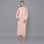 Soft Blush Rose Long Tunic with Lace Accents and Potli Buttons