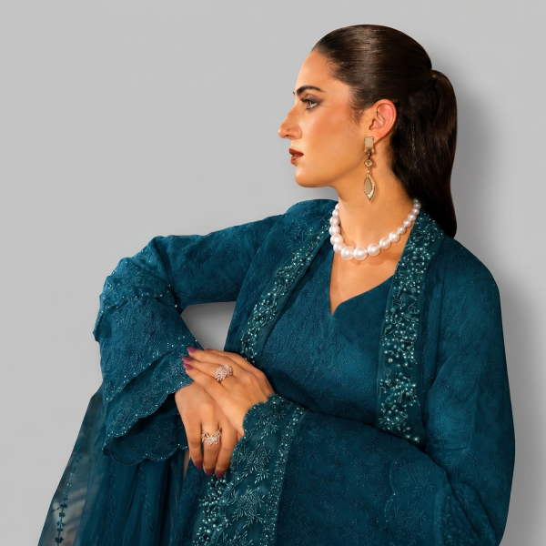 Ethereal Teal Embroidered Ensemble with Coordinating Dupatta