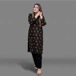 Black and Gold Floral Printed Kurta with Plain Trousers Set
