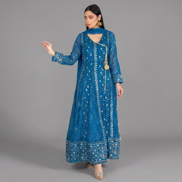 Teal Blue Angrakha-Style Embellished Anarkali Suit Set