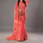 Coral Rose Gold-Trimmed Saree