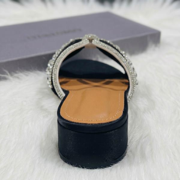 Luxury Black Rhinestone Bow Flat Slides for Women