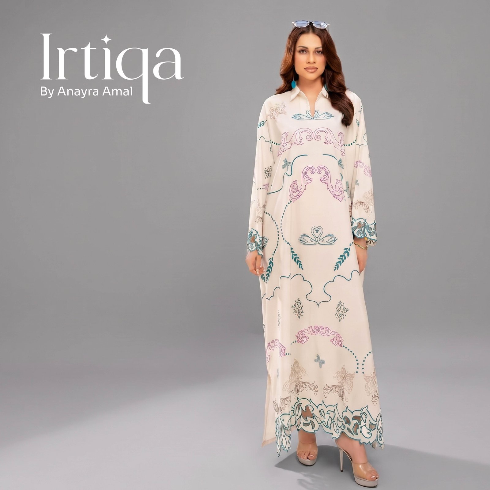 Ivory Serenade Printed Kaftan Maxi with Scalloped Cutouts