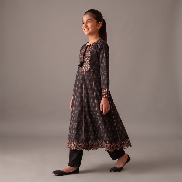 Midnight Black Embroidered Anarkali Suit for Girls