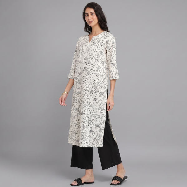 Soft Sage Floral Printed Kurta with Contrast Scalloped Lace