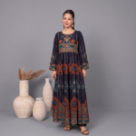 Women’s Navy Blue Flared Anarkali Maxi Kurti with Gold and Rust Border Details