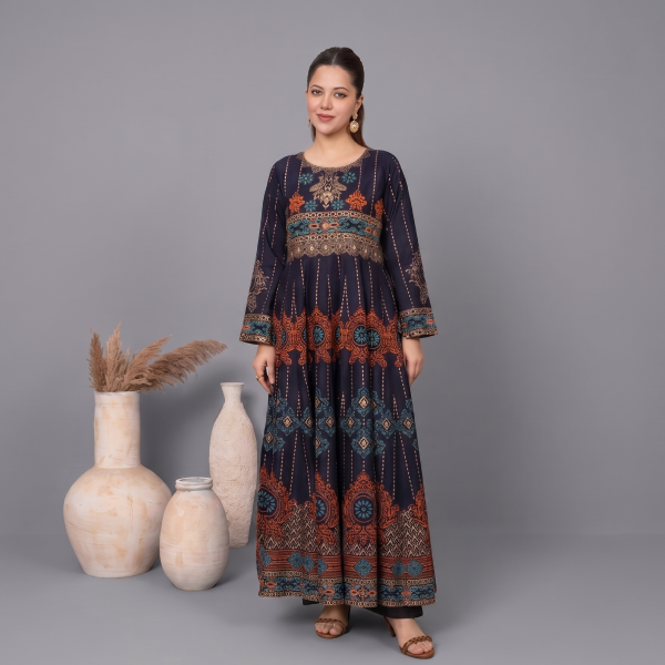 Women’s Navy Blue Flared Anarkali Maxi Kurti with Gold and Rust Border Details