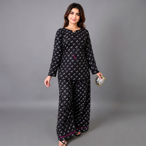Title: Black Floral Printed  Suit