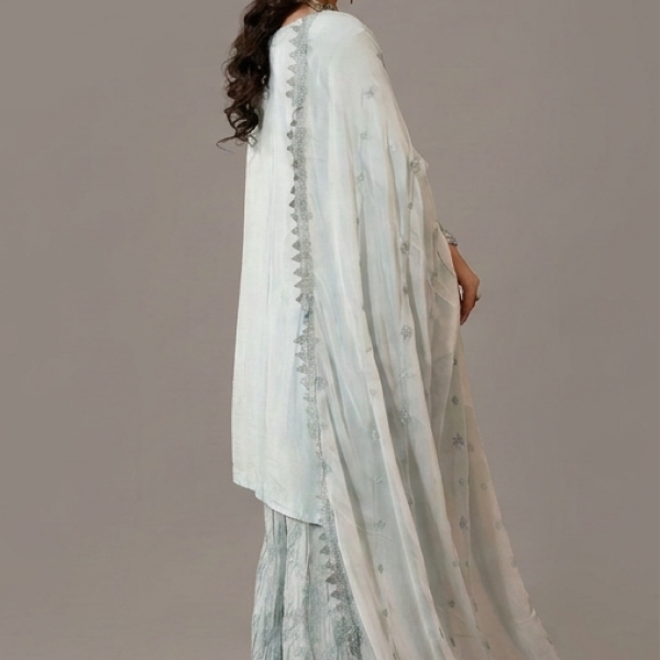 Powder Blue Embellished Kurta with Matching Sharara and Dupatta Set