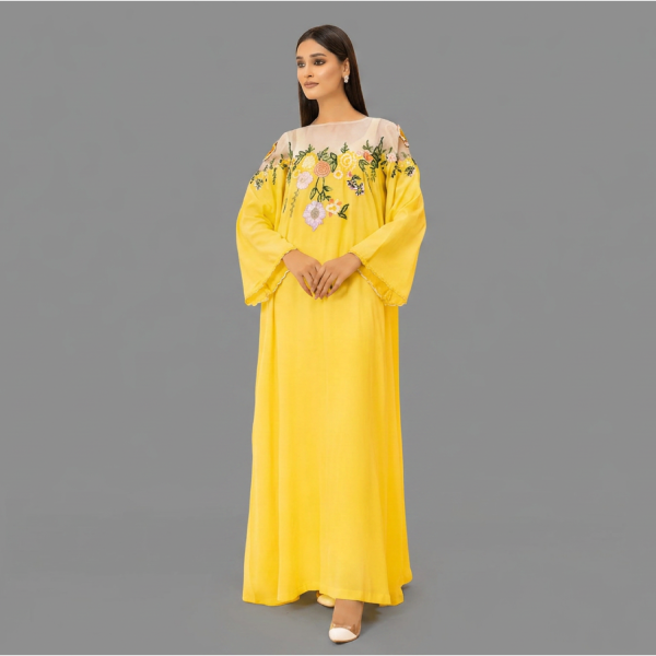 Sunshine Yellow Kaftan-Maxi with Sheer Floral Embroidered Yoke