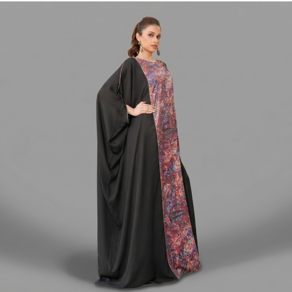Midnight Tapestry: Printed Panel Kaftan Abaya