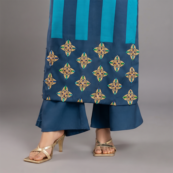 Blue Striped Long Kurti and Wide-Leg Pants Set