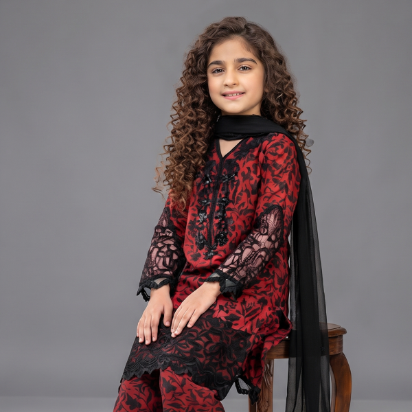 Crimson Red & Black Embroidered Girls’ 3-Piece Suit