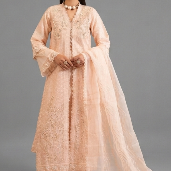 Peach Organza Embellished Kurta with Wide-Leg Trousers and Dupatta Set
