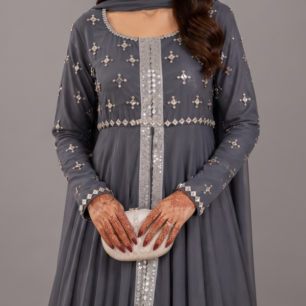 Slate Grey Embellished Maxi Dress Suit