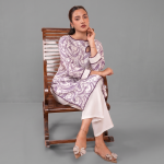Women’s White and Purple Paisley Print Straight Kurti with Wide-Leg Pants