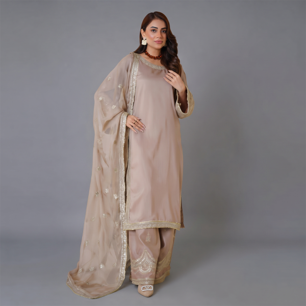 Elegant Metallic Embroidered Three-Piece Ensemble