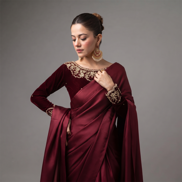 Maroon Velvet & Satin Saree