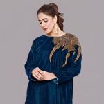 Royal Teal Velvet Tunic Set with Ornate Gold Wing Embroidery