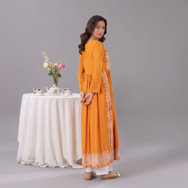 Vibrant Mustard Yellow Anarkali Tunic with Intricate White Prints