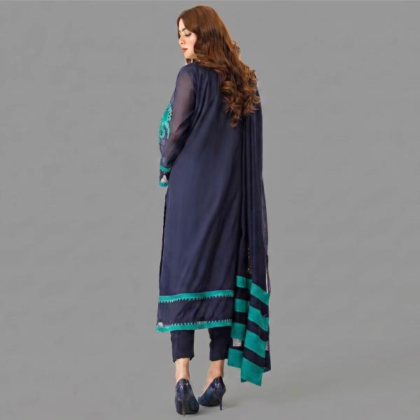 Cobalt Blue Silk Ensemble with Aquamarine Floral Appliqué