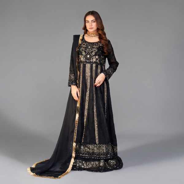 Manahil Shimmering Black 3-Piece Festive Sequin Gown Set