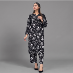Black & White Botanical Print Long Kurta with Matching Trousers