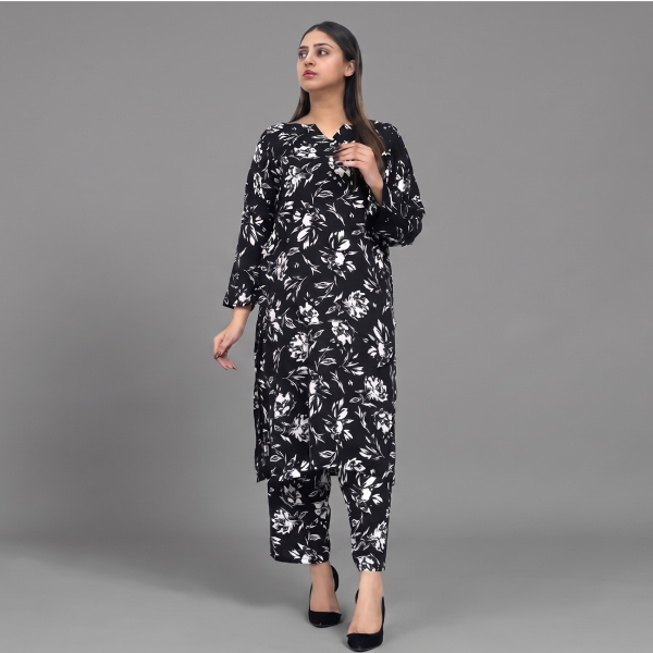Black & White Botanical Print Long Kurta with Matching Trousers