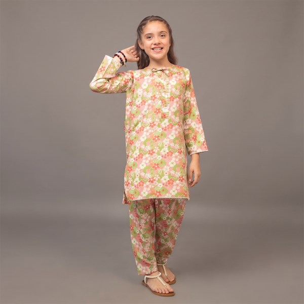 Peach Floral Girls' Kurta & Tulip Shalwar