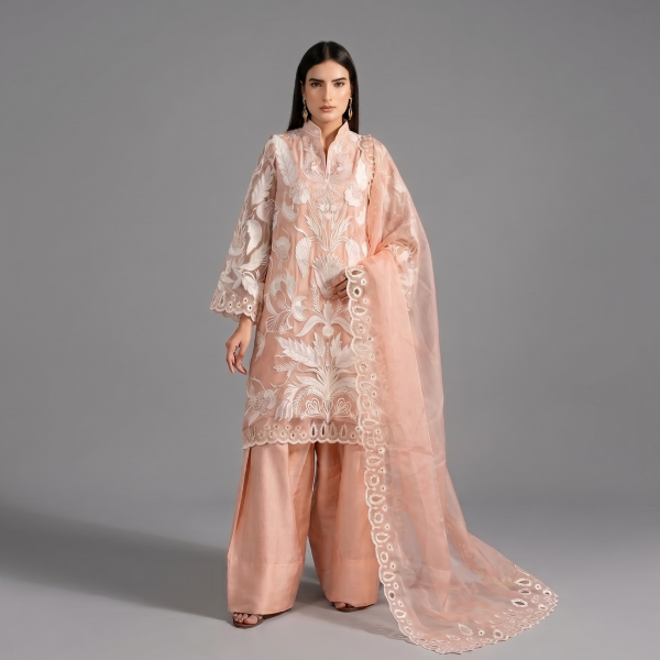 Embroidered Peach Organza Festive Suit