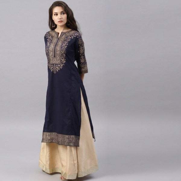 Women’s Navy Blue Printed Kurti with Beige Flared Lehenga