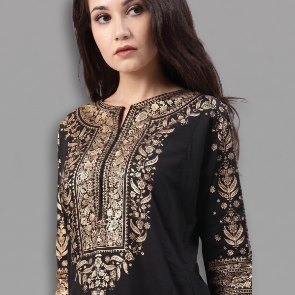 Elegant Black and Gold Printed Kurta with Contrast Red Palazzo Pants