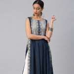 Chic Indigo Blue Printed Fusion Dress with Flared Inner Skirt