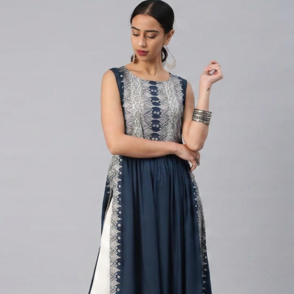 Chic Indigo Blue Printed Fusion Dress with Flared Inner Skirt