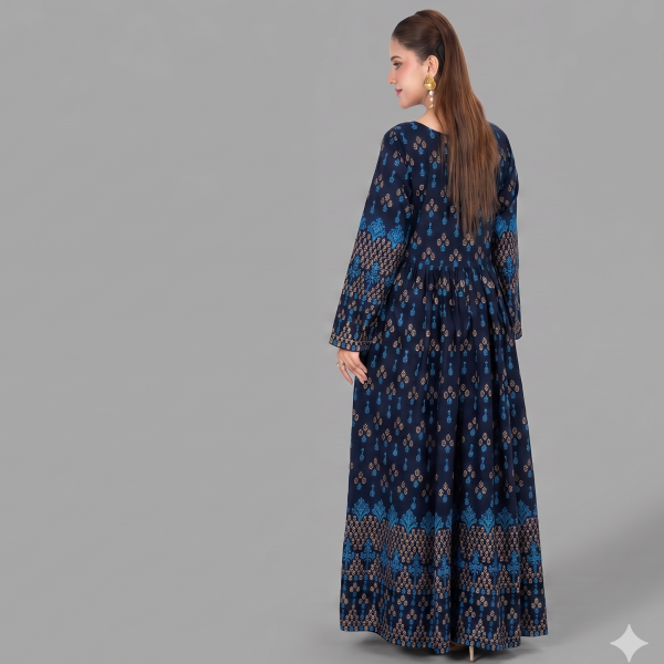 Deep Indigo Kalidar Longline Tunic – Traditional Border Flared Frock