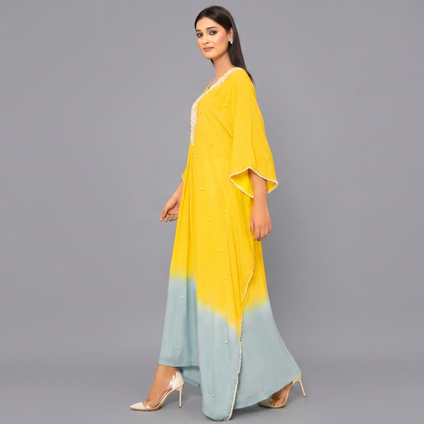 Elegant Yellow & Ice-Blue Ombre Kaftan