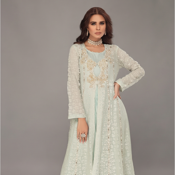 Mint Green Embellished Front-Open Long Suit