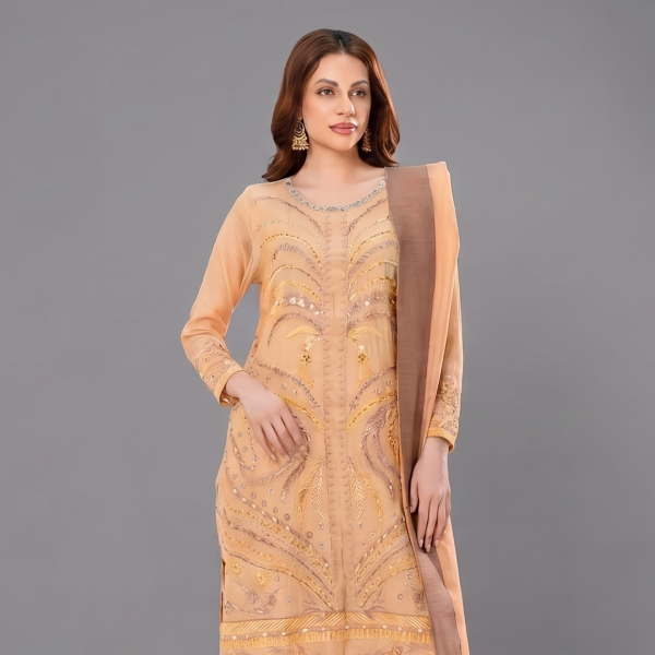 Gilded Peach Embroidered Festive Organza Suit