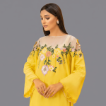 Sunshine Yellow Kaftan-Maxi with Sheer Floral Embroidered Yoke
