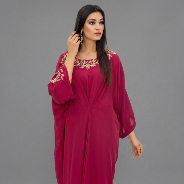 Majestic Maroon Embroidered Kaftan Suit with Gold Zari