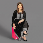 Women’s Black Printed Straight Tunic with White Patterned Dupatta and Trousers