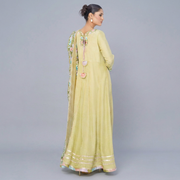 Ethereal Pistachio Green Anarkali Set with Pastel Floral Appliqué