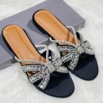 Luxury Black Rhinestone Bow Flat Slides for Women